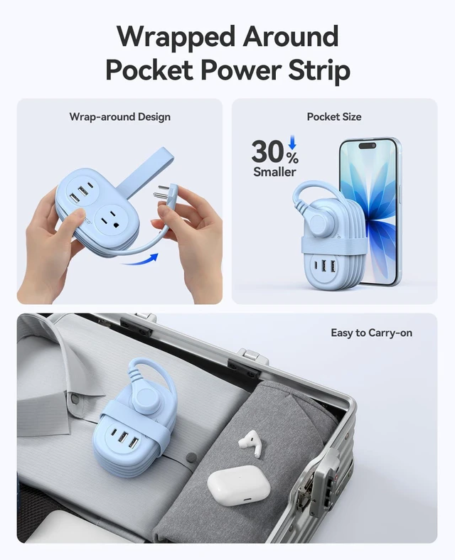 Alt view image 2 of 7 - Cruise Approved Power Strip for Travel, 5 in 1 Extension Cord with 2 AC Outlets 2 USB-A and 1 USB-C Ports, 3.7 ft Flat Plug Wrap-around Power Strip for Cruise Office, Hotel, Home- AP3