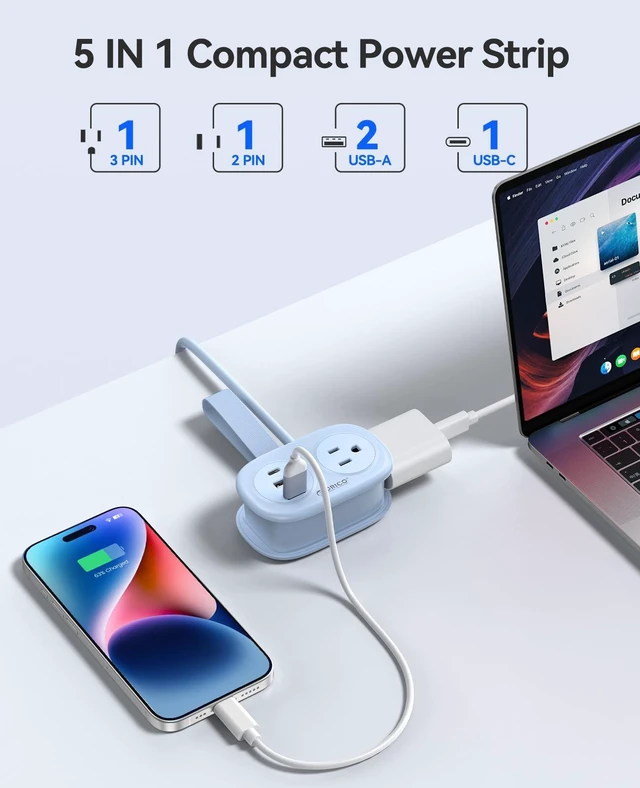 Alt view image 4 of 7 - Cruise Approved Power Strip for Travel, 5 in 1 Extension Cord with 2 AC Outlets 2 USB-A and 1 USB-C Ports, 3.7 ft Flat Plug Wrap-around Power Strip for Cruise Office, Hotel, Home- AP3