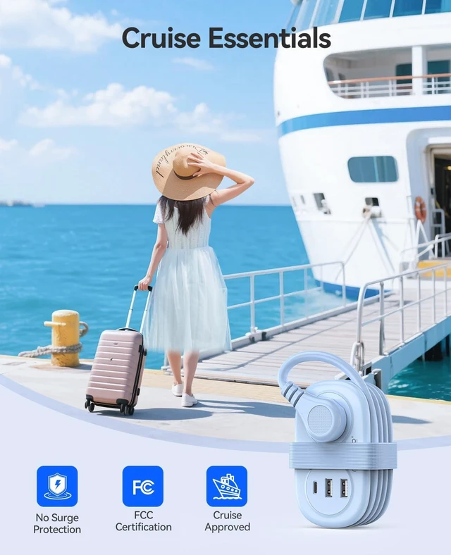 Alt view image 7 of 7 - Cruise Approved Power Strip for Travel, 5 in 1 Extension Cord with 2 AC Outlets 2 USB-A and 1 USB-C Ports, 3.7 ft Flat Plug Wrap-around Power Strip for Cruise Office, Hotel, Home- AP3