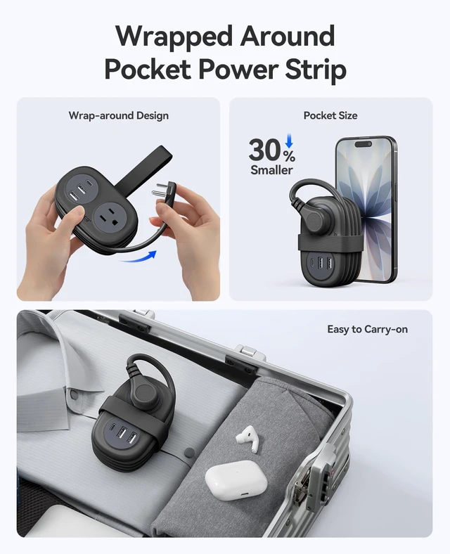 Alt view image 2 of 7 - Cruise Approved Power Strip, 5 in 1 Extension Cord with 2 AC Outlets 2 USB-A and 1 USB-C Ports, 3.7 ft Flat Plug Wrap-around Power Strip for Cruise Travel, Office, Hotel, Home