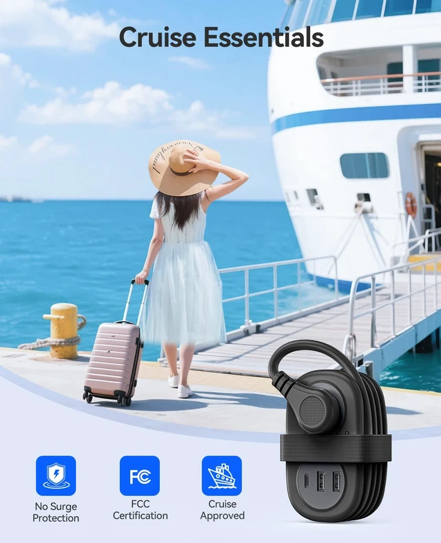 Alt view image 6 of 7 - Cruise Approved Power Strip, 5 in 1 Extension Cord with 2 AC Outlets 2 USB-A and 1 USB-C Ports, 3.7 ft Flat Plug Wrap-around Power Strip for Cruise Travel, Office, Hotel, Home