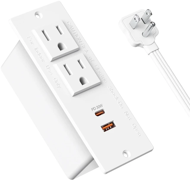 Main image of Recessed Power Strip USB C PD 30W,Desk Outlet,White Flush Mount Desk Recessed Outlet,Space-Saver for Furniture Side Table,2 USB,2 Outlets,6ft,Ultra Thin Flat Plug