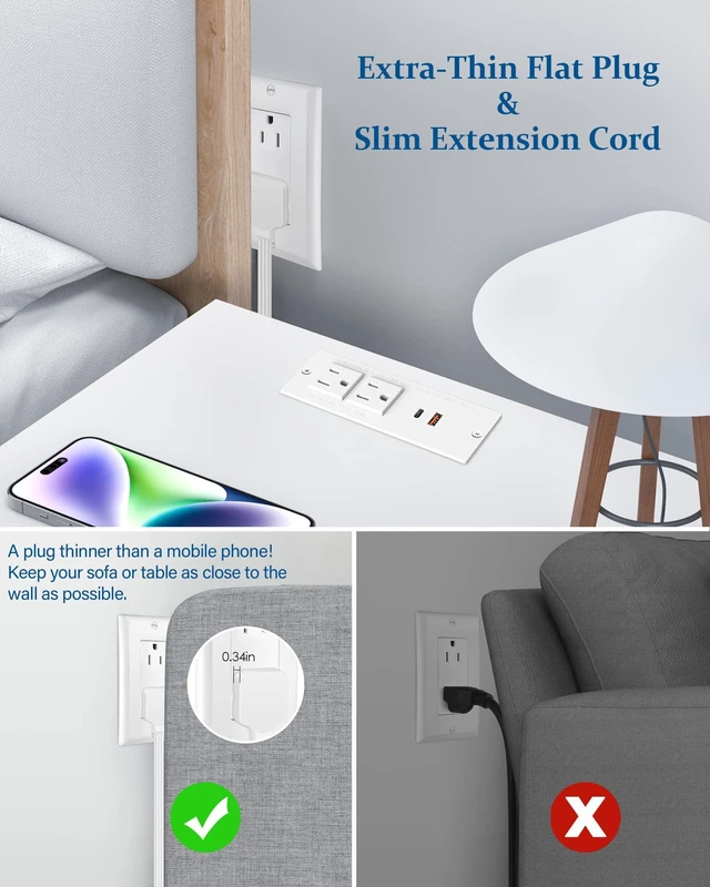 Alt view image 3 of 7 - Recessed Power Strip USB C PD 30W,Desk Outlet,White Flush Mount Desk Recessed Outlet,Space-Saver for Furniture Side Table,2 USB,2 Outlets,6ft,Ultra Thin Flat Plug