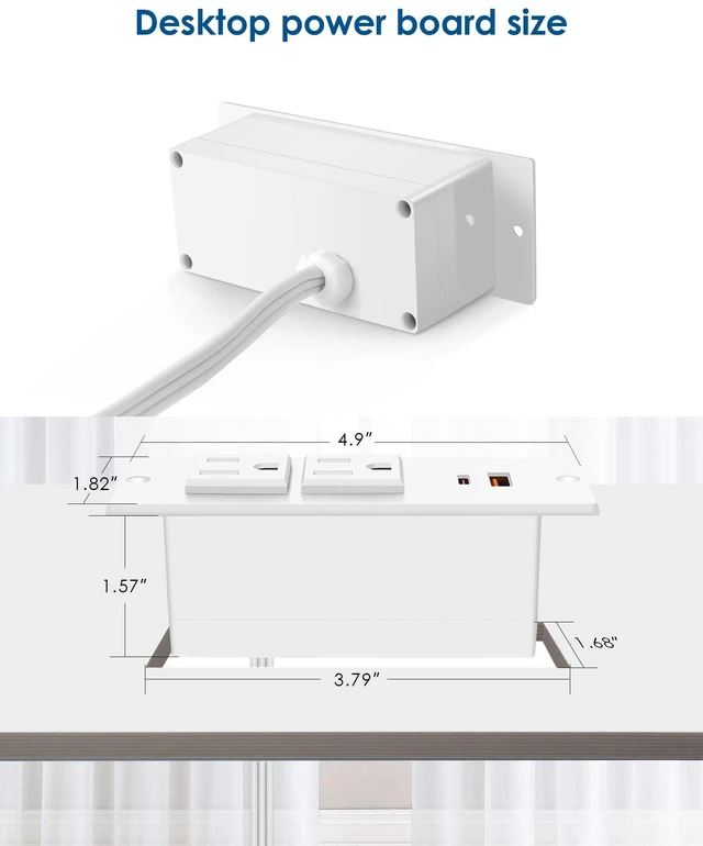 Alt view image 6 of 7 - Recessed Power Strip USB C PD 30W,Desk Outlet,White Flush Mount Desk Recessed Outlet,Space-Saver for Furniture Side Table,2 USB,2 Outlets,6ft,Ultra Thin Flat Plug