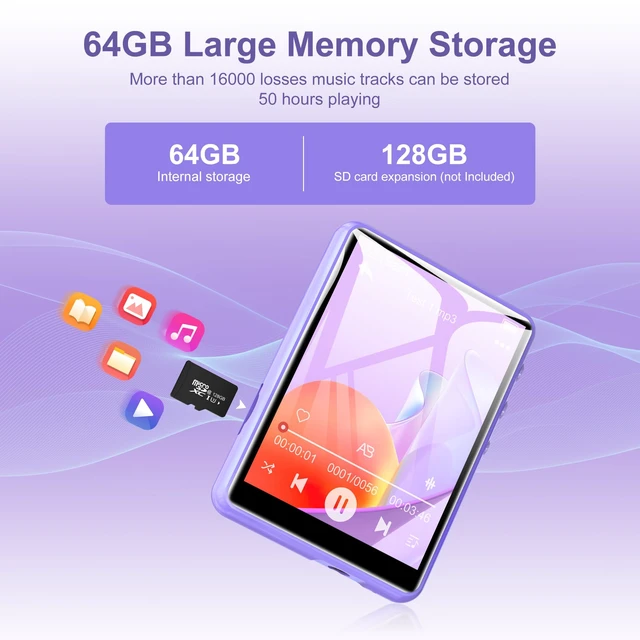Alt view image 2 of 7 - 64GB MP3 Player with Bluetooth 5.3, 2.4-Inch Full Touch Screen, Portable Lossless Sound Music Player with HD Speaker, MP3 with FM Radio Recording e-Book, Record, Earphone Included-Purple