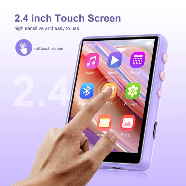 Alt view image 3 of 7 - 64GB MP3 Player with Bluetooth 5.3, 2.4-Inch Full Touch Screen, Portable Lossless Sound Music Player with HD Speaker, MP3 with FM Radio Recording e-Book, Record, Earphone Included-Purple