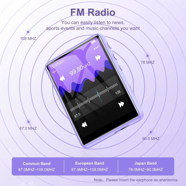 Alt view image 5 of 7 - 64GB MP3 Player with Bluetooth 5.3, 2.4-Inch Full Touch Screen, Portable Lossless Sound Music Player with HD Speaker, MP3 with FM Radio Recording e-Book, Record, Earphone Included-Purple