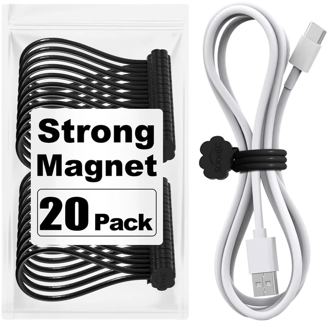 Main image of Magnetic Cable Ties 20 Pack, Cute Cloud 7.2" Silicone All Black Strong Magnet Hold / Embedded Safe Magnet / Easy Slide Open / Soft Flex Silicone / Multi Use / Smiling Cloud / Fridge Magnet