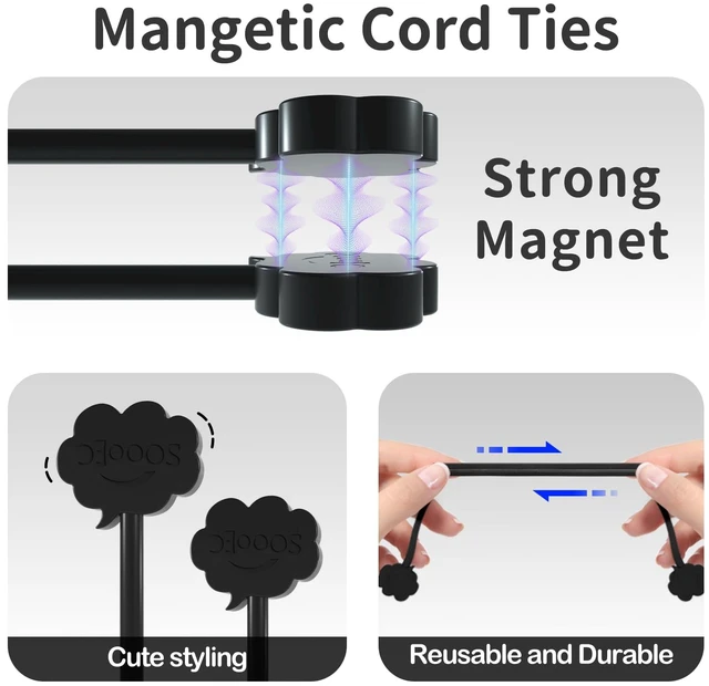 Alt view image 4 of 7 - Magnetic Cable Ties 20 Pack, Cute Cloud 7.2" Silicone All Black Strong Magnet Hold / Embedded Safe Magnet / Easy Slide Open / Soft Flex Silicone / Multi Use / Smiling Cloud / Fridge Magnet