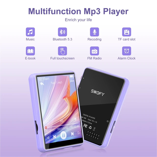 Alt view image 7 of 7 - 64GB MP3 Player with Bluetooth 5.3, 2.4-Inch Full Touch Screen, Portable Lossless Sound Music Player with HD Speaker, MP3 with FM Radio Recording e-Book, Record, Earphone Included-Purple