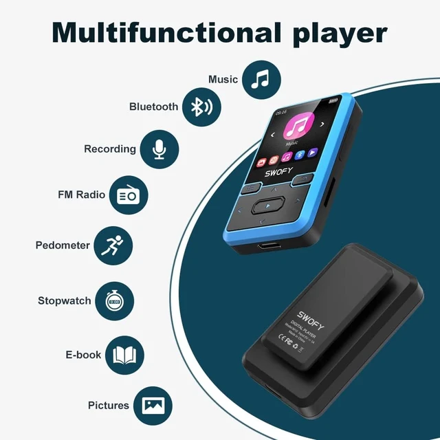 Alt view image 5 of 7 - 32GB MP3 Player with Bluetooth 5.0 - Portable Clip Music Player with FM Radio, Voice Recorder, Pedometer, Mini Design Ideal for Sport, Earphones Included Blue