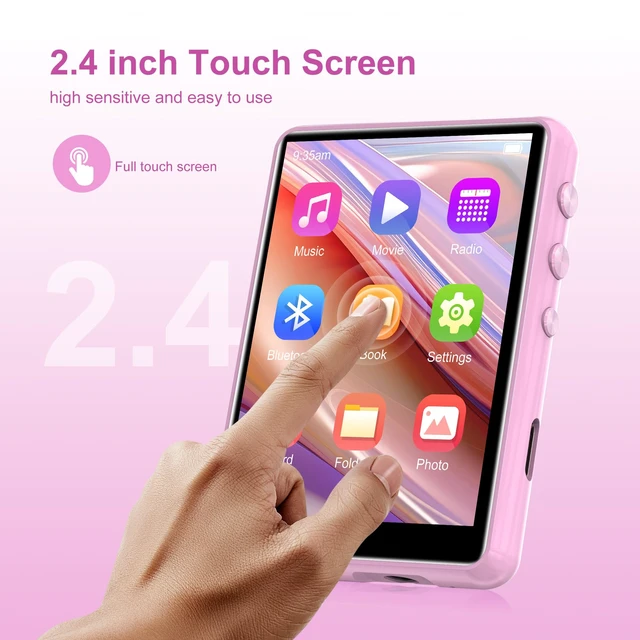 Alt view image 3 of 7 - 64GB MP3 Player with Bluetooth 5.3, 2.4-Inch Full Touch Screen, Portable Lossless Sound Music Player with HD Speaker, MP3 with FM Radio Recording e-Book, Record, Earphone Included-Pink