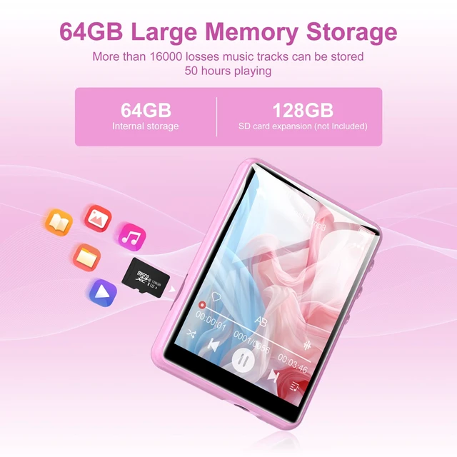 Alt view image 2 of 7 - 64GB MP3 Player with Bluetooth 5.3, 2.4-Inch Full Touch Screen, Portable Lossless Sound Music Player with HD Speaker, MP3 with FM Radio Recording e-Book, Record, Earphone Included-Pink
