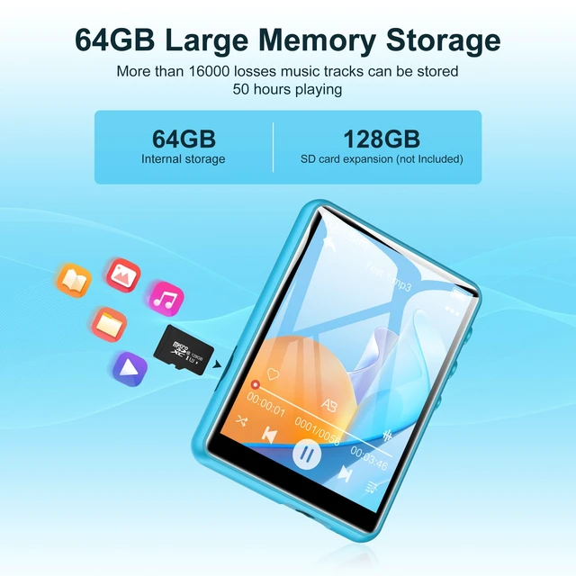 Alt view image 2 of 7 - 64GB MP3 Player with Bluetooth 5.3, 2.4-Inch Full Touch Screen, Portable Lossless Sound Music Player with HD Speaker, MP3 with FM Radio Recording e-Book, Record, Earphone Included-Blue