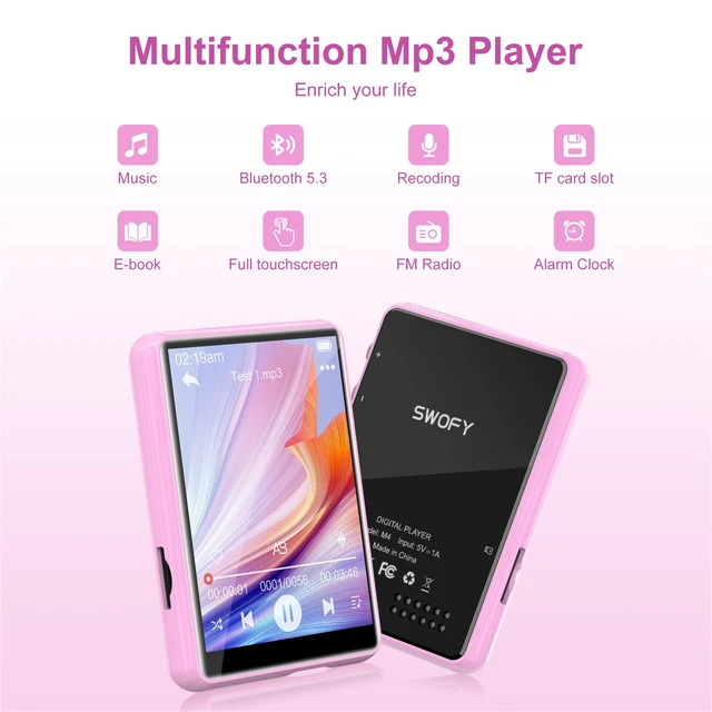 Alt view image 7 of 7 - 64GB MP3 Player with Bluetooth 5.3, 2.4-Inch Full Touch Screen, Portable Lossless Sound Music Player with HD Speaker, MP3 with FM Radio Recording e-Book, Record, Earphone Included-Pink