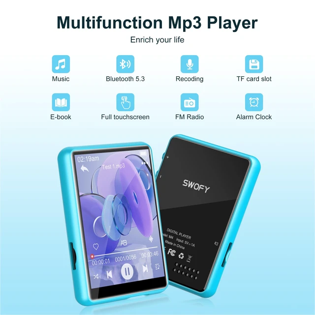 Alt view image 7 of 7 - 64GB MP3 Player with Bluetooth 5.3, 2.4-Inch Full Touch Screen, Portable Lossless Sound Music Player with HD Speaker, MP3 with FM Radio Recording e-Book, Record, Earphone Included-Blue