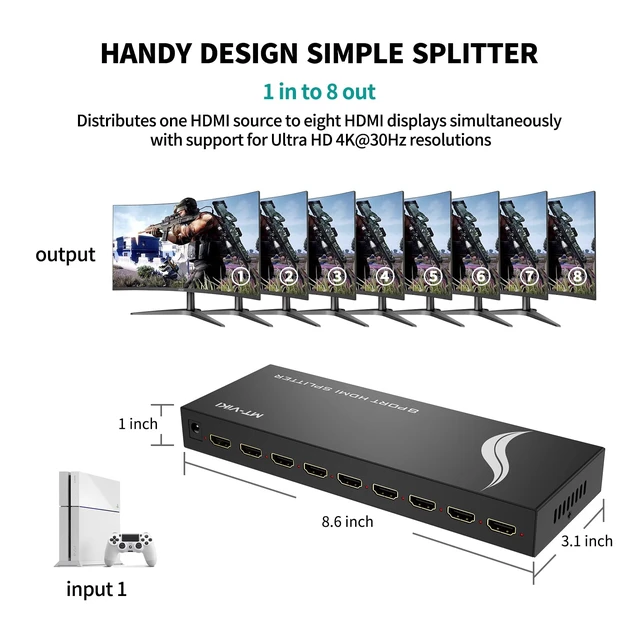 Alt view image 6 of 7 - HDMI Splitter 1 in 8 Out, Powered 8 Port HDMI Signal Duplicator Supports 4K@30Hz, Long Distance Transmission for Conference Room, Church,Classroom, Retail Display