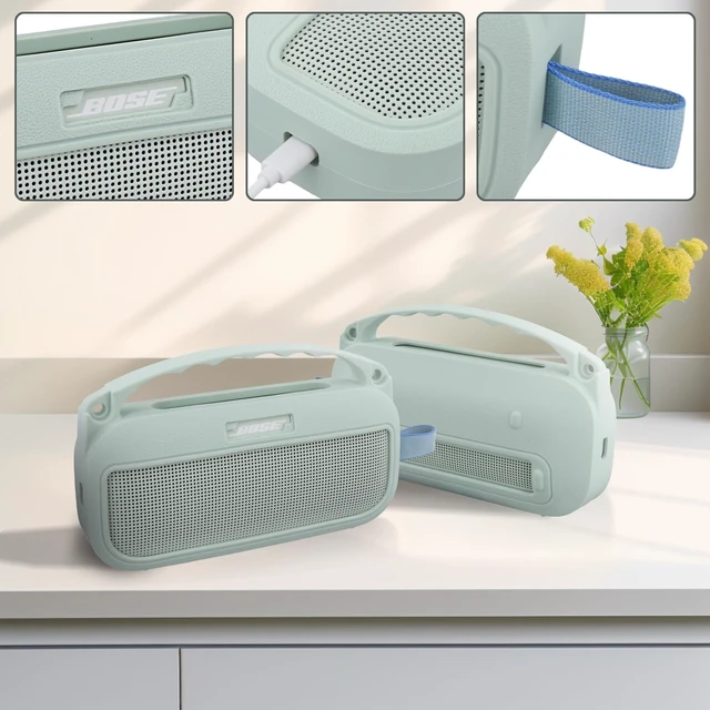 Alt view image 3 of 7 - Soft Silicone Case for Bose SoundLink Flex 2nd Gen, Mint Skin-Friendly Handle, Adjustable Shoulder Strap, Crossbody Carrying, Aluminum Carabiner, Lightweight
