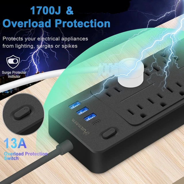 Alt view image 4 of 5 - 20 FT Power Strips with 1625W/13A, 10 Outlets with 4 USB Ports (1 USB C) Long Extension Cord with Multiple Outlets 14-in-1 1700J 16Awg Flat Plug Power Strip Protector Black ETL Listed