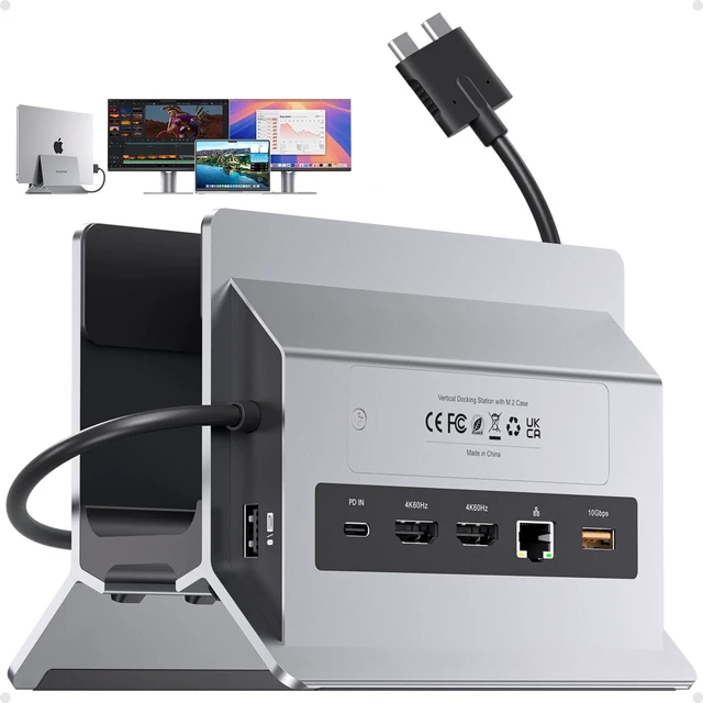 Main image of MacBook Docking Station Dual Monitor 4K@60Hz with M.2 NVMe SSD Enclosure Vertical USB C Laptop Stand Dock for MacBook M5/M4 Pro/Max, 2 HDMI, PD, USB A/C 10Gbps, Ethernet, Space-Saving - Gray