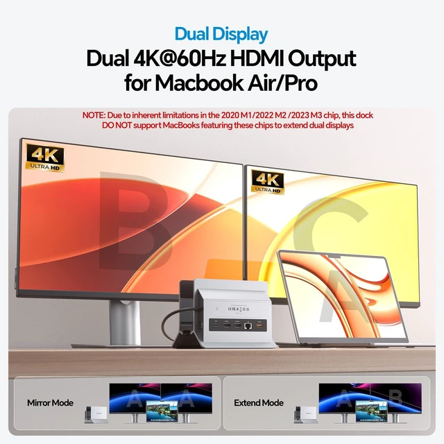 Alt view image 4 of 7 - MacBook Docking Station Dual Monitor 4K@60Hz with M.2 NVMe SSD Enclosure Vertical USB C Laptop Stand Dock for MacBook M5/M4 Pro/Max, 2 HDMI, PD, USB A/C 10Gbps, Ethernet, Space-Saving - Gray