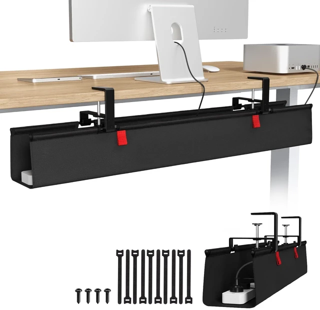 Main image of Large No Drill Under Desk Cable Management Tray 36 in, Black Clamp/Screw Mount, Supports Up to 70lbs, Fabric Wire Management Gaming/PC Cable Raceways, Cord Hiders for Office/Home