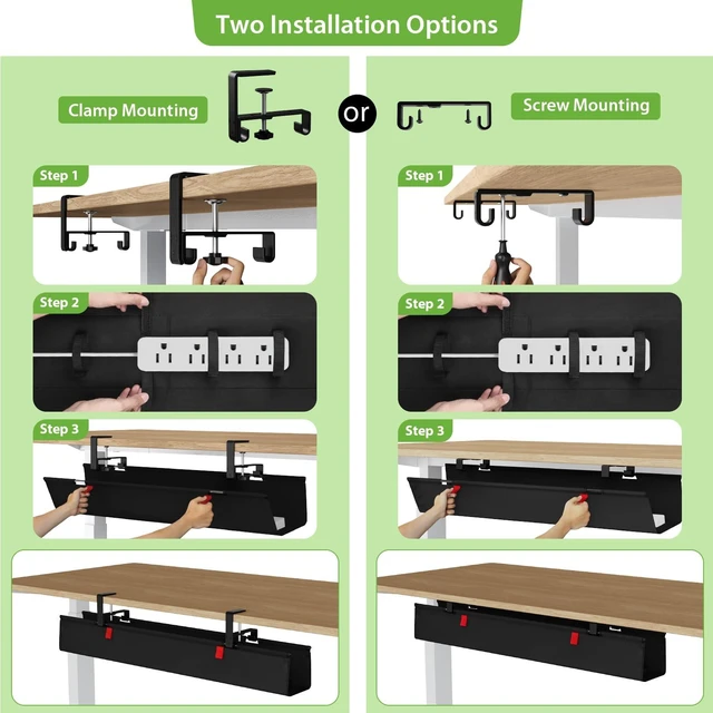 Alt view image 2 of 7 - Large No Drill Under Desk Cable Management Tray 36 in, Black Clamp/Screw Mount, Supports Up to 70lbs, Fabric Wire Management Gaming/PC Cable Raceways, Cord Hiders for Office/Home