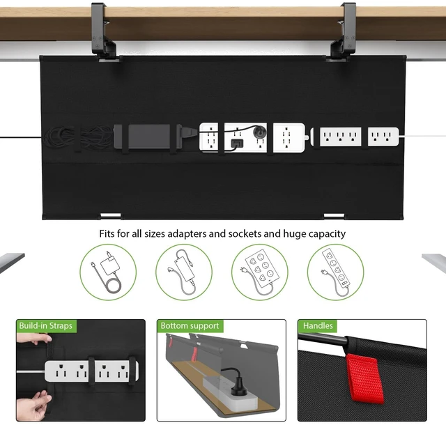 Alt view image 3 of 7 - Large No Drill Under Desk Cable Management Tray 36 in, Black Clamp/Screw Mount, Supports Up to 70lbs, Fabric Wire Management Gaming/PC Cable Raceways, Cord Hiders for Office/Home