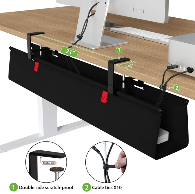 Alt view image 4 of 7 - Large No Drill Under Desk Cable Management Tray 36 in, Black Clamp/Screw Mount, Supports Up to 70lbs, Fabric Wire Management Gaming/PC Cable Raceways, Cord Hiders for Office/Home