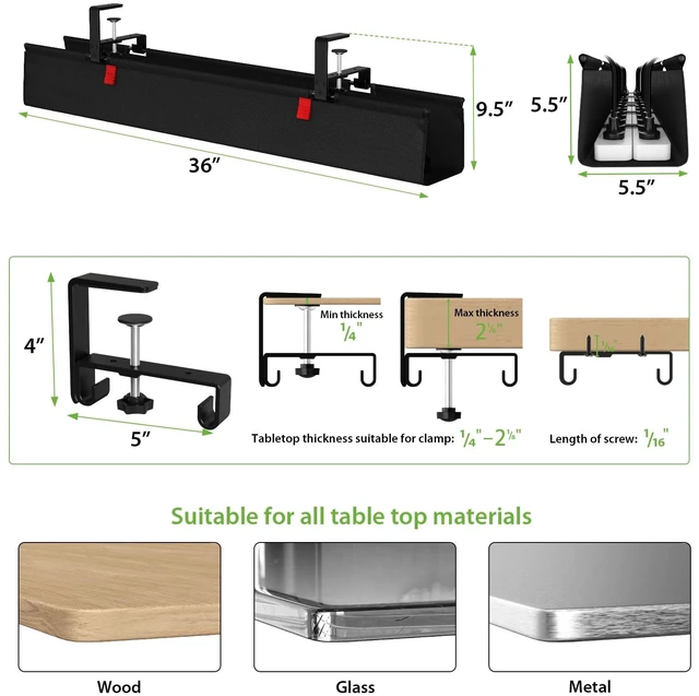 Alt view image 5 of 7 - Large No Drill Under Desk Cable Management Tray 36 in, Black Clamp/Screw Mount, Supports Up to 70lbs, Fabric Wire Management Gaming/PC Cable Raceways, Cord Hiders for Office/Home