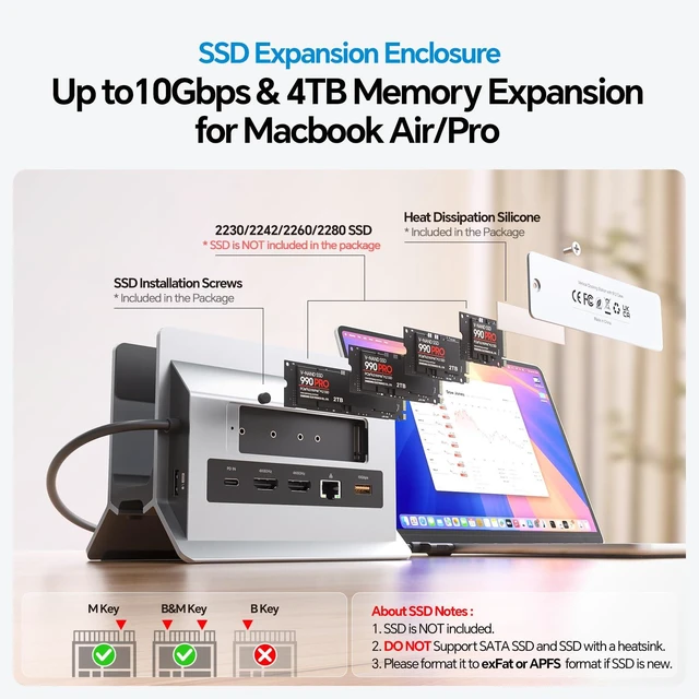 Alt view image 6 of 7 - MacBook Docking Station Dual Monitor 4K@60Hz with M.2 NVMe SSD Enclosure Vertical USB C Laptop Stand Dock for MacBook M5/M4 Pro/Max, 2 HDMI, PD, USB A/C 10Gbps, Ethernet, Space-Saving - Gray