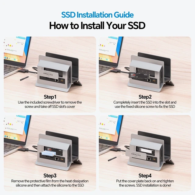 Alt view image 7 of 7 - MacBook Docking Station Dual Monitor 4K@60Hz with M.2 NVMe SSD Enclosure Vertical USB C Laptop Stand Dock for MacBook M5/M4 Pro/Max, 2 HDMI, PD, USB A/C 10Gbps, Ethernet, Space-Saving - Gray