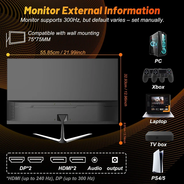 Alt view image 7 of 7 - 24.5 Inch 300Hz 240Hz Gaming Monitor, FHD 1920x1080 VA Panel 1ms Computer Monitor, HDR Mode, Adaptive sync, FreeSync Compatible DP x2, HDMI x2, Ultra Thin Triangle Base, VESA 75mm x 75mm