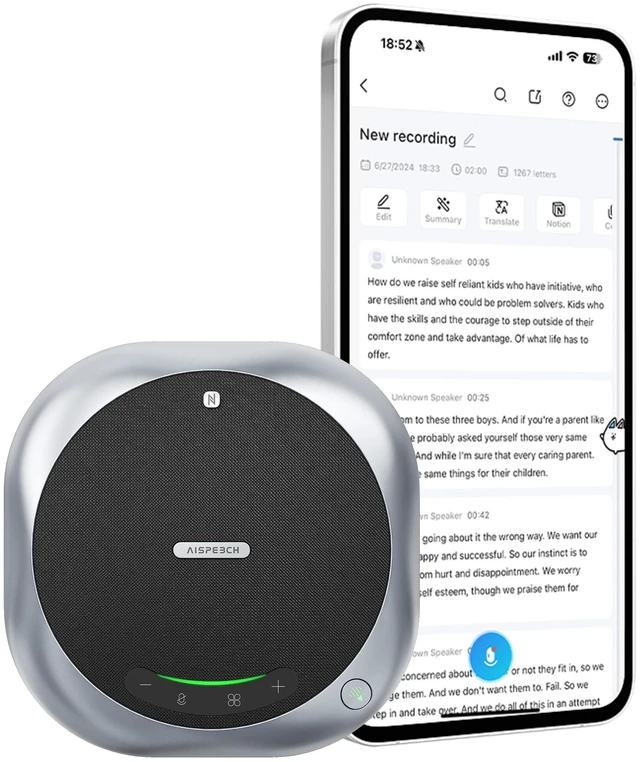 Main image of 6-Mic Conference Speakerphone for Hybrid Meetings, Up to 25 Hours, Black AI noise reduction, 90° focused pickup, 360° voice pickup, 20 ft range, voice/music modes, Bluetooth, NFC, USB, room coverage