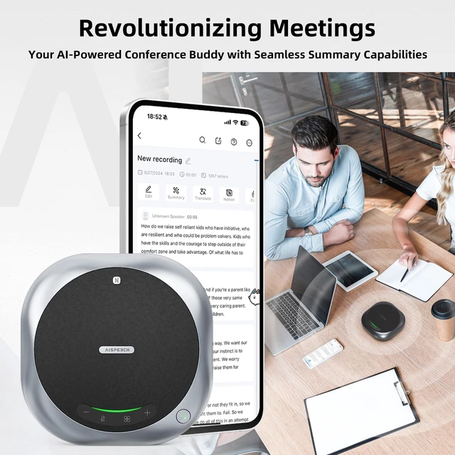 Alt view image 2 of 7 - 6-Mic Conference Speakerphone for Hybrid Meetings, Up to 25 Hours, Black AI noise reduction, 90° focused pickup, 360° voice pickup, 20 ft range, voice/music modes, Bluetooth, NFC, USB, room coverage