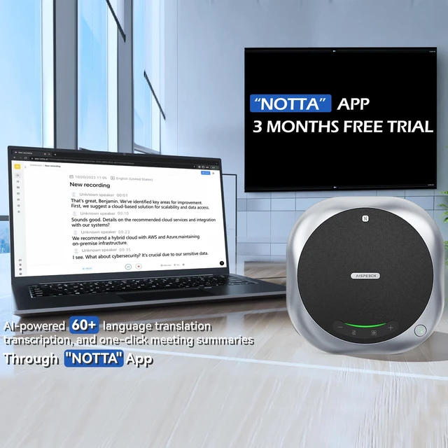 Alt view image 4 of 7 - 6-Mic Conference Speakerphone for Hybrid Meetings, Up to 25 Hours, Black AI noise reduction, 90° focused pickup, 360° voice pickup, 20 ft range, voice/music modes, Bluetooth, NFC, USB, room coverage