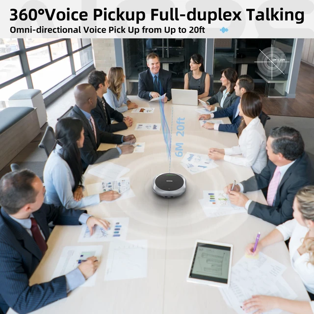 Alt view image 5 of 7 - 6-Mic Conference Speakerphone for Hybrid Meetings, Up to 25 Hours, Black AI noise reduction, 90° focused pickup, 360° voice pickup, 20 ft range, voice/music modes, Bluetooth, NFC, USB, room coverage