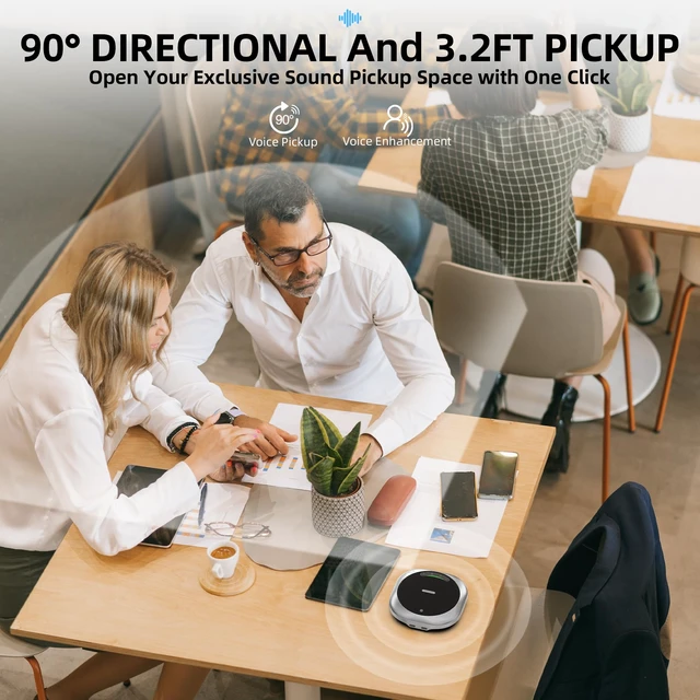Alt view image 7 of 7 - 6-Mic Conference Speakerphone for Hybrid Meetings, Up to 25 Hours, Black AI noise reduction, 90° focused pickup, 360° voice pickup, 20 ft range, voice/music modes, Bluetooth, NFC, USB, room coverage