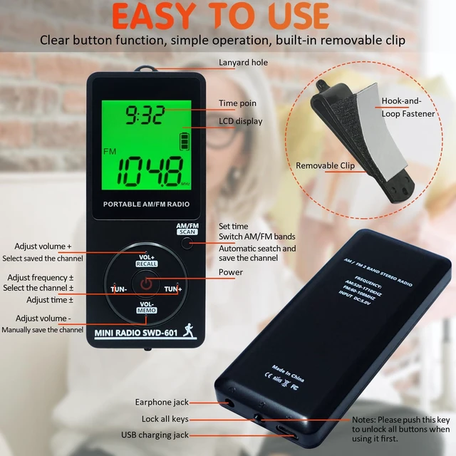 Alt view image 4 of 7 - Personal Portable Radio AM FM, Rechargeable Mini Radio with Great Reception Digital Tuning LCD Display with Backlight Time, Headphones, Back Clip, Pocket Radio for Walking, Jogging