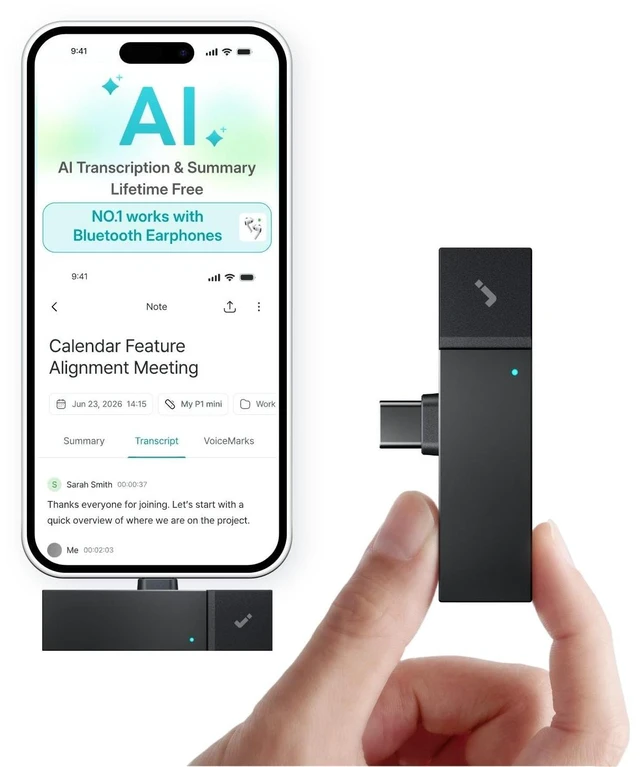 Main image of P1 mini AI Meeting Recorder for Smartphones & Bluetooth Earphones Compact AI recorder with USB-C plug-in. Works with Bluetooth earphones. Free transcription & summaries in 75+ languages