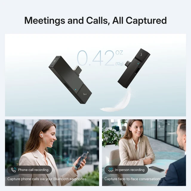 Alt view image 7 of 7 - P1 mini AI Meeting Recorder for Smartphones & Bluetooth Earphones Compact AI recorder with USB-C plug-in. Works with Bluetooth earphones. Free transcription & summaries in 75+ languages