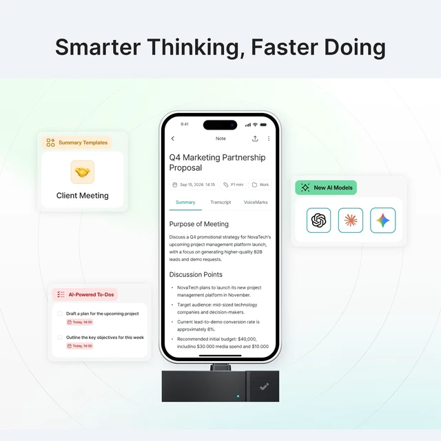Alt view image 6 of 7 - P1 mini AI Meeting Recorder for Smartphones & Bluetooth Earphones Compact AI recorder with USB-C plug-in. Works with Bluetooth earphones. Free transcription & summaries in 75+ languages