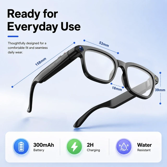 Alt view image 6 of 7 - AI Smart Glasses with Camera,8MP,GPT Assistant,Real-Time Translation Object Recognition,Open-Ear Speakers,Music & Calls,EIS Stabilization,IP65 Water Resistant,Transparent Lenses