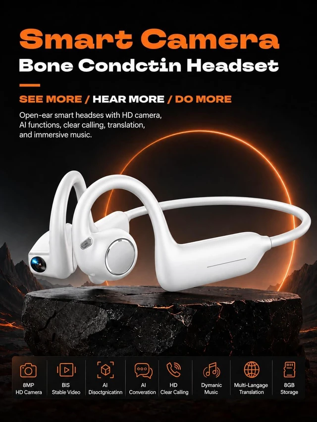 Alt view image 6 of 7 - E12 Bone Conduction Headphones with Camera, Open-Ear Bluetooth Earbuds 1080P Hands-Free POV Video Recording, Smart AI Assistant, Wireless Sports Earphones for Running, Cycling, Work & Travel
