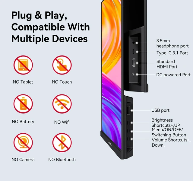 Alt view image 7 of 7 - 23.8" Large Portable Monitor 200Hz IPS 1080P USB C HDMI Laptop Phone Freesync External Gaming Monitor, Speakers Adjustable Stand, Large Second Screen for Laptop Phone PC Computer Xbox PS4
