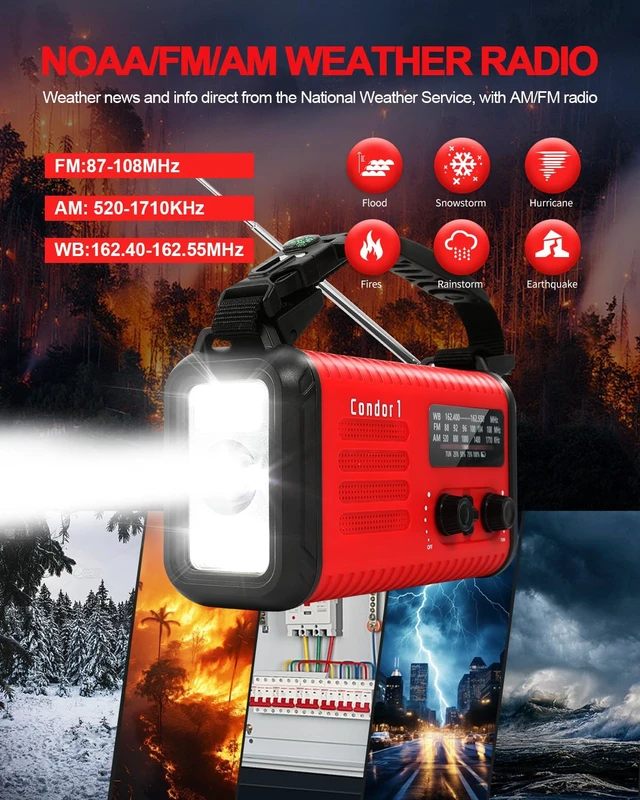 Alt view image 2 of 7 - Emergency Crank Radio, 20000mAh Solar Hand Crank Weather Radio NOAA/AM/FM 74000mWh Battery Powered Radio with Cell Phone Charger, Reading Lamp, Flashlight & SOS for Emergencies/Home (Red)