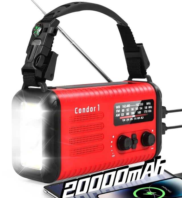 Main image of Emergency Crank Radio, 20000mAh Solar Hand Crank Weather Radio NOAA/AM/FM 74000mWh Battery Powered Radio with Cell Phone Charger, Reading Lamp, Flashlight & SOS for Emergencies/Home (Red)
