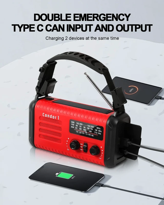 Alt view image 3 of 7 - Emergency Crank Radio, 20000mAh Solar Hand Crank Weather Radio NOAA/AM/FM 74000mWh Battery Powered Radio with Cell Phone Charger, Reading Lamp, Flashlight & SOS for Emergencies/Home (Red)