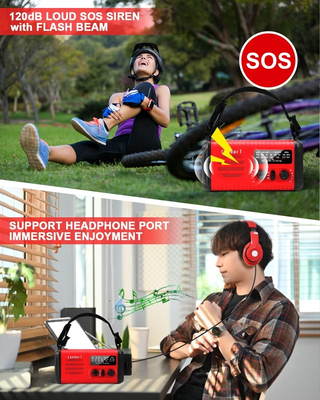 Alt view image 7 of 7 - Emergency Crank Radio, 20000mAh Solar Hand Crank Weather Radio NOAA/AM/FM 74000mWh Battery Powered Radio with Cell Phone Charger, Reading Lamp, Flashlight & SOS for Emergencies/Home (Red)