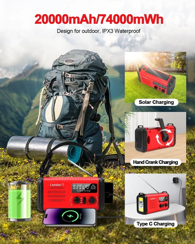 Alt view image 6 of 7 - Emergency Crank Radio, 20000mAh Solar Hand Crank Weather Radio NOAA/AM/FM 74000mWh Battery Powered Radio with Cell Phone Charger, Reading Lamp, Flashlight & SOS for Emergencies/Home (Red)